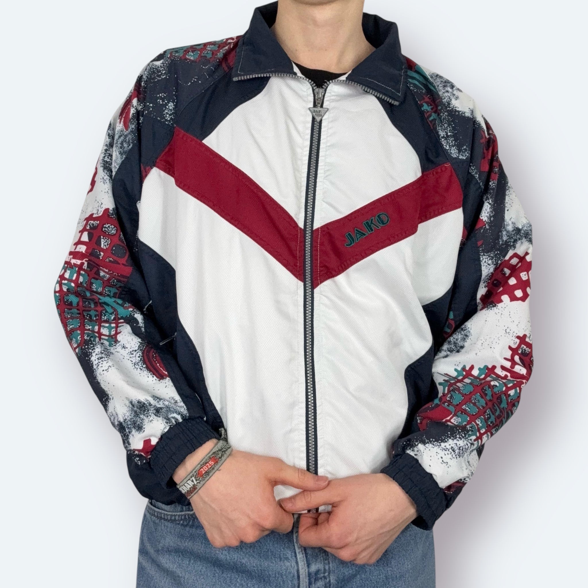 Jako 90s Vintage Trainingsjacke Weiß Marineblau Rot M - Vinverse