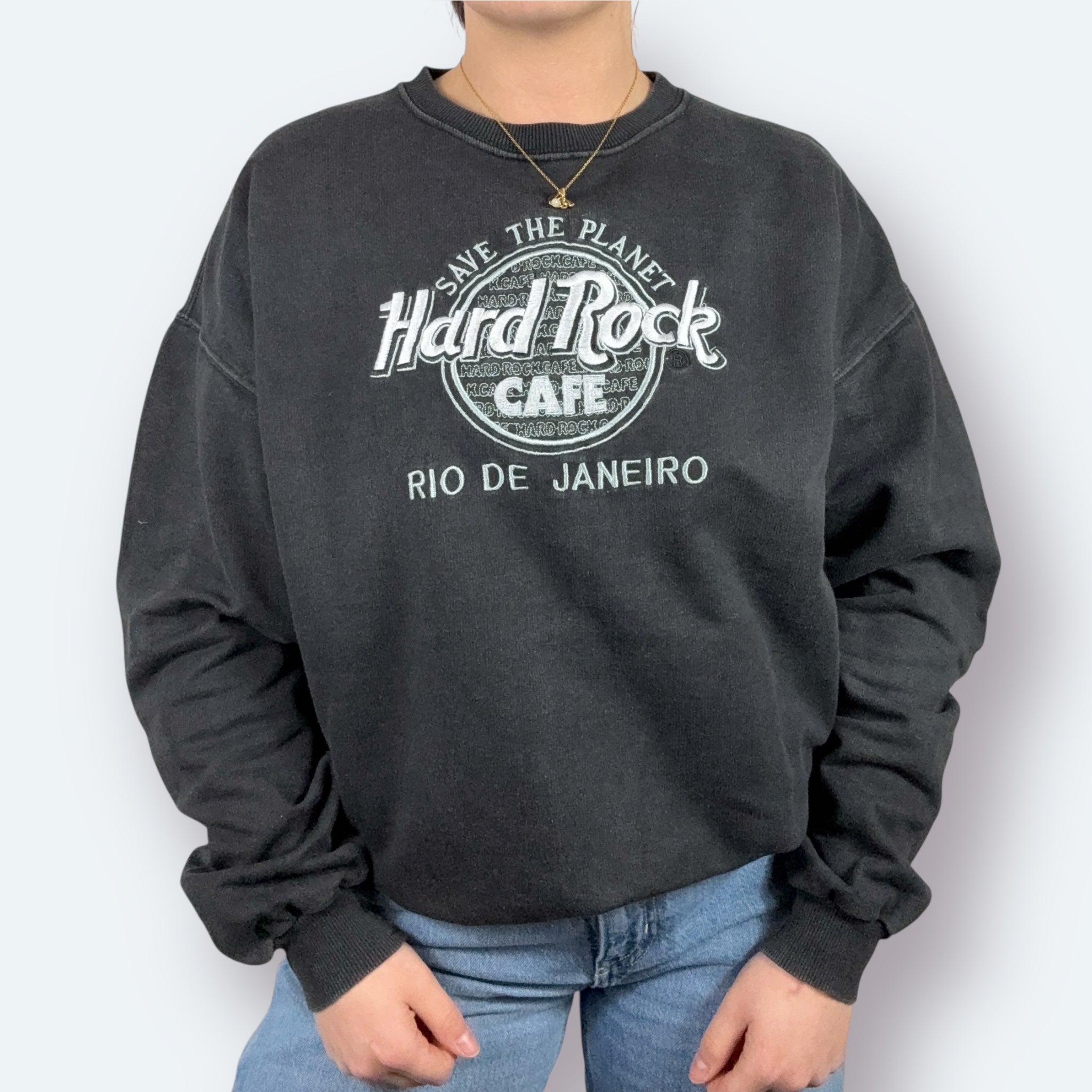 Hard Rock 90s Vintage Sweater Rio de Janeiro bestickt Schwarz M - Vinverse