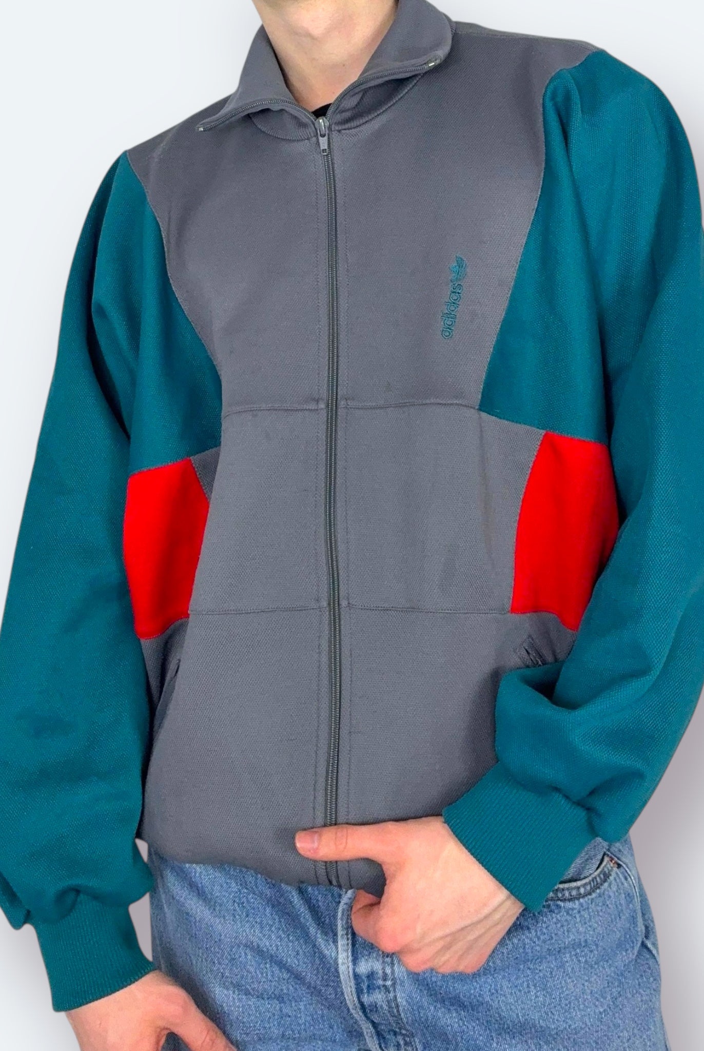 Adidas 80s Vintage Trainingsjacke Grau Türkis XL - Vinverse