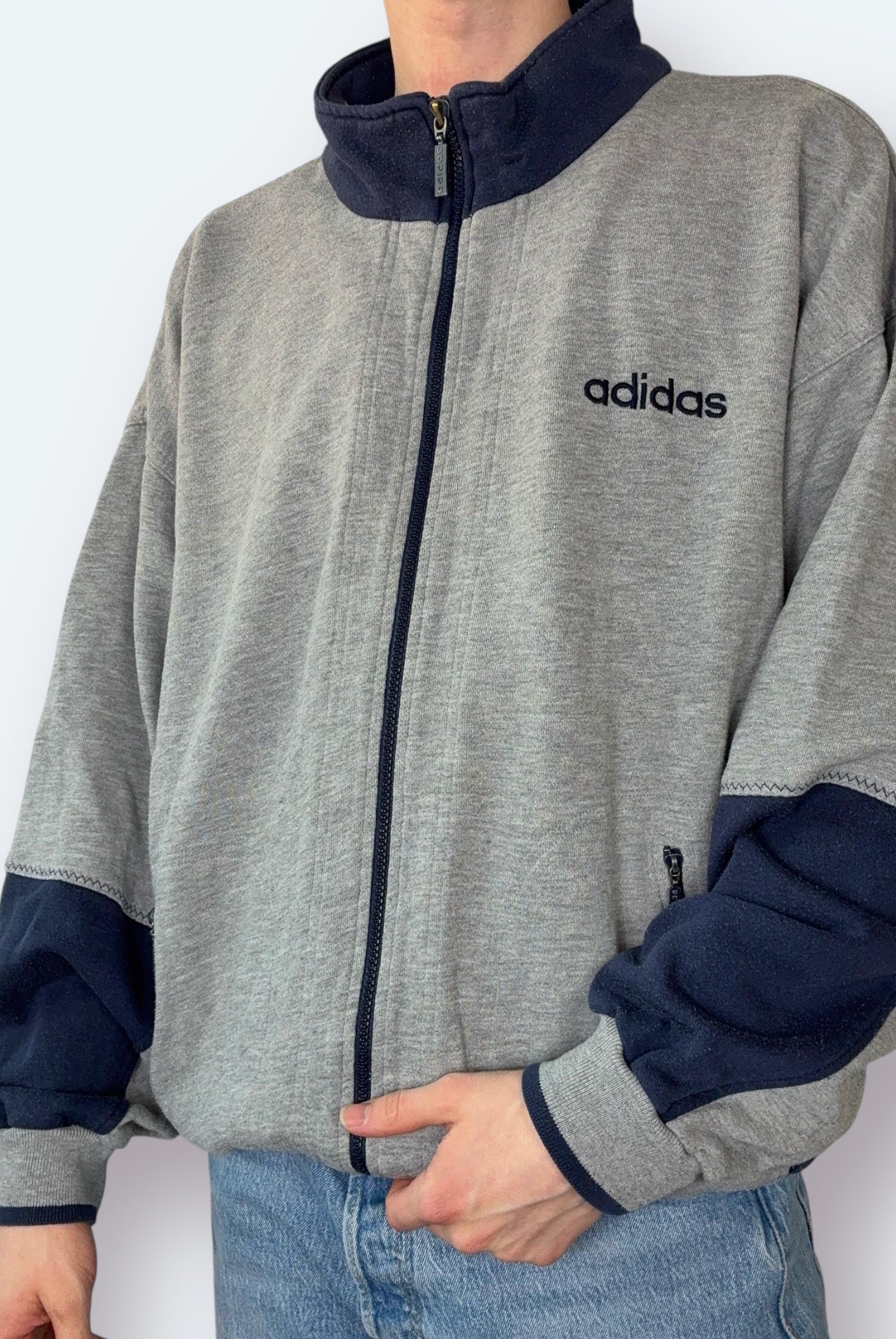 Adidas 90s Vintage Sweatjacke Grau Marineblau M - Vinverse