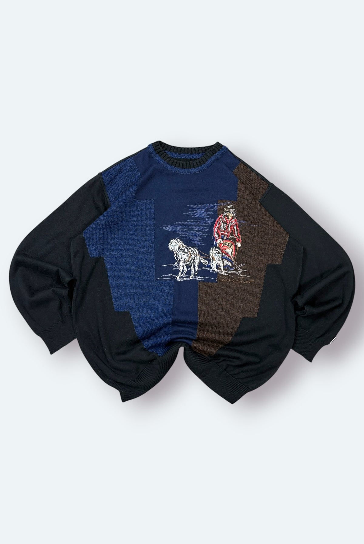 Carlo Colucci Vintage Strickpullover Schlittenhund Stickerei Blau L