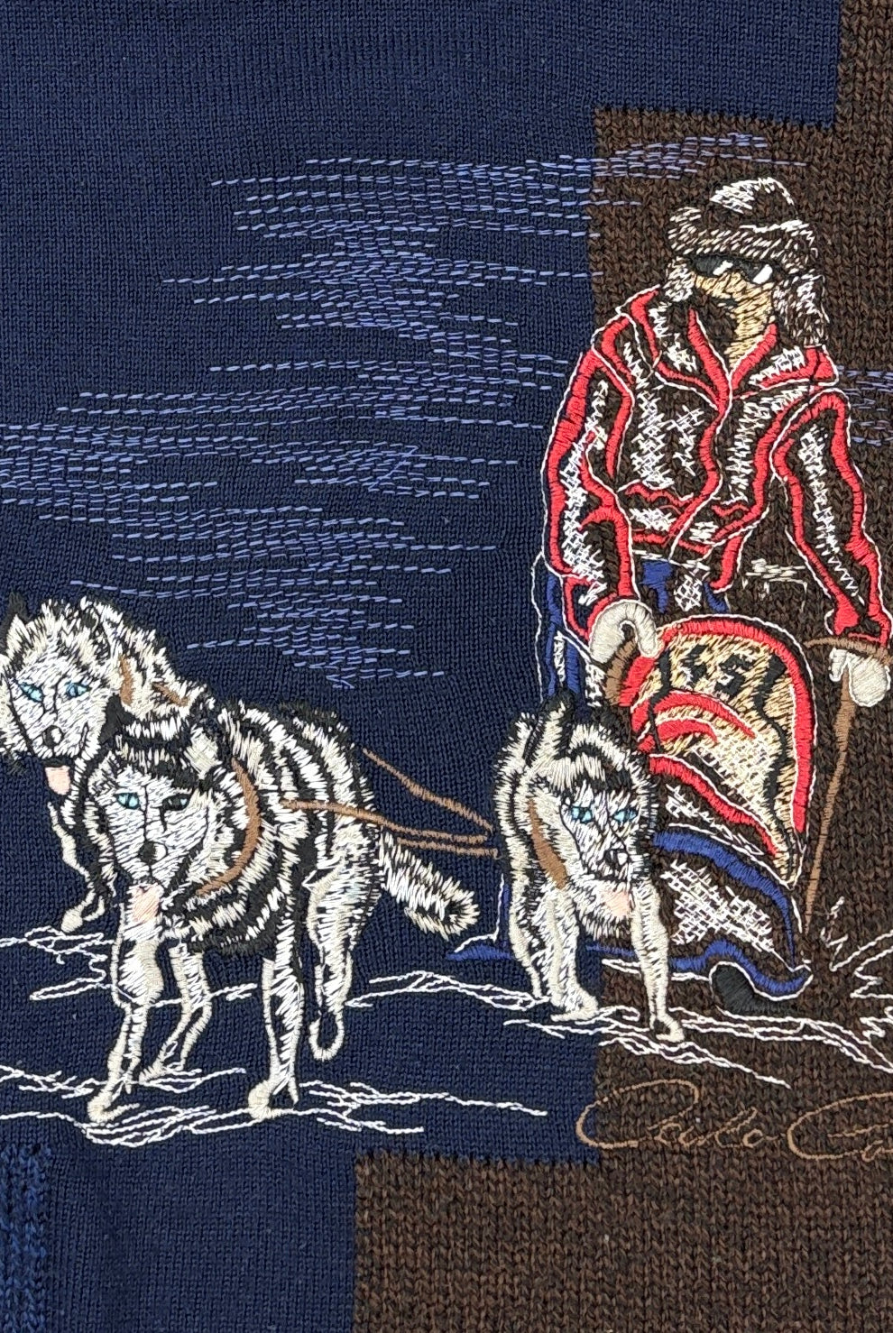Carlo Colucci Vintage Strickpullover Schlittenhund Stickerei Blau L – Foto 2