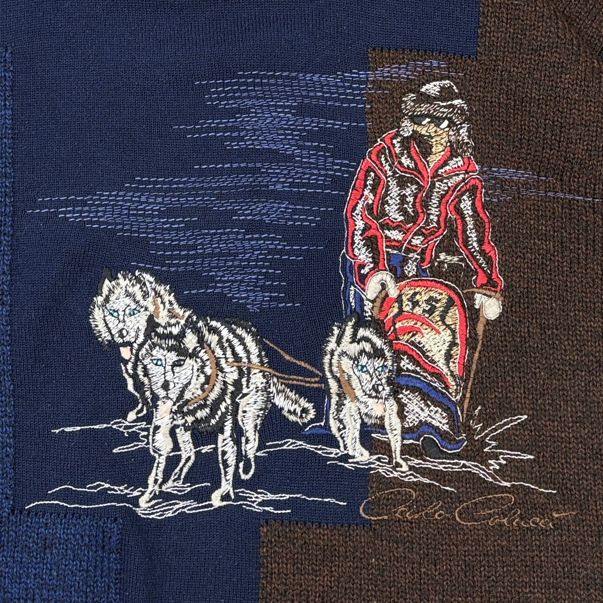 Carlo Colucci Vintage Strickpullover Schlittenhund Stickerei Blau L – Foto 2