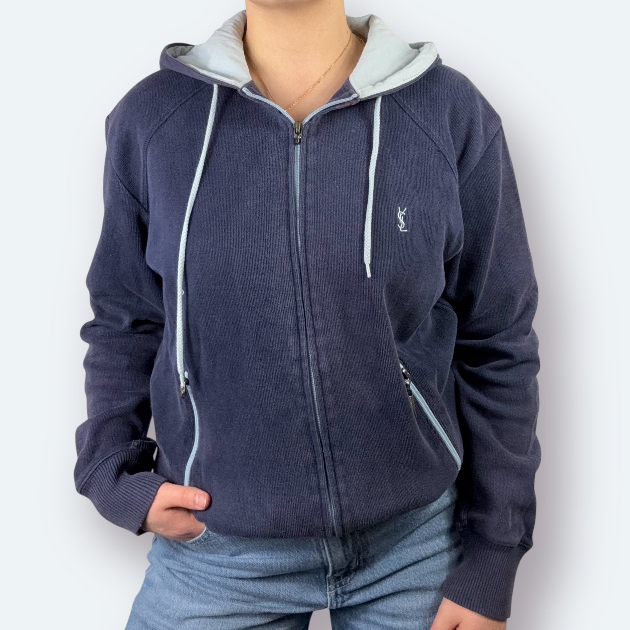 Yves Saint Laurent Vintage Zip Hoodie Marineblau S - Vinverse