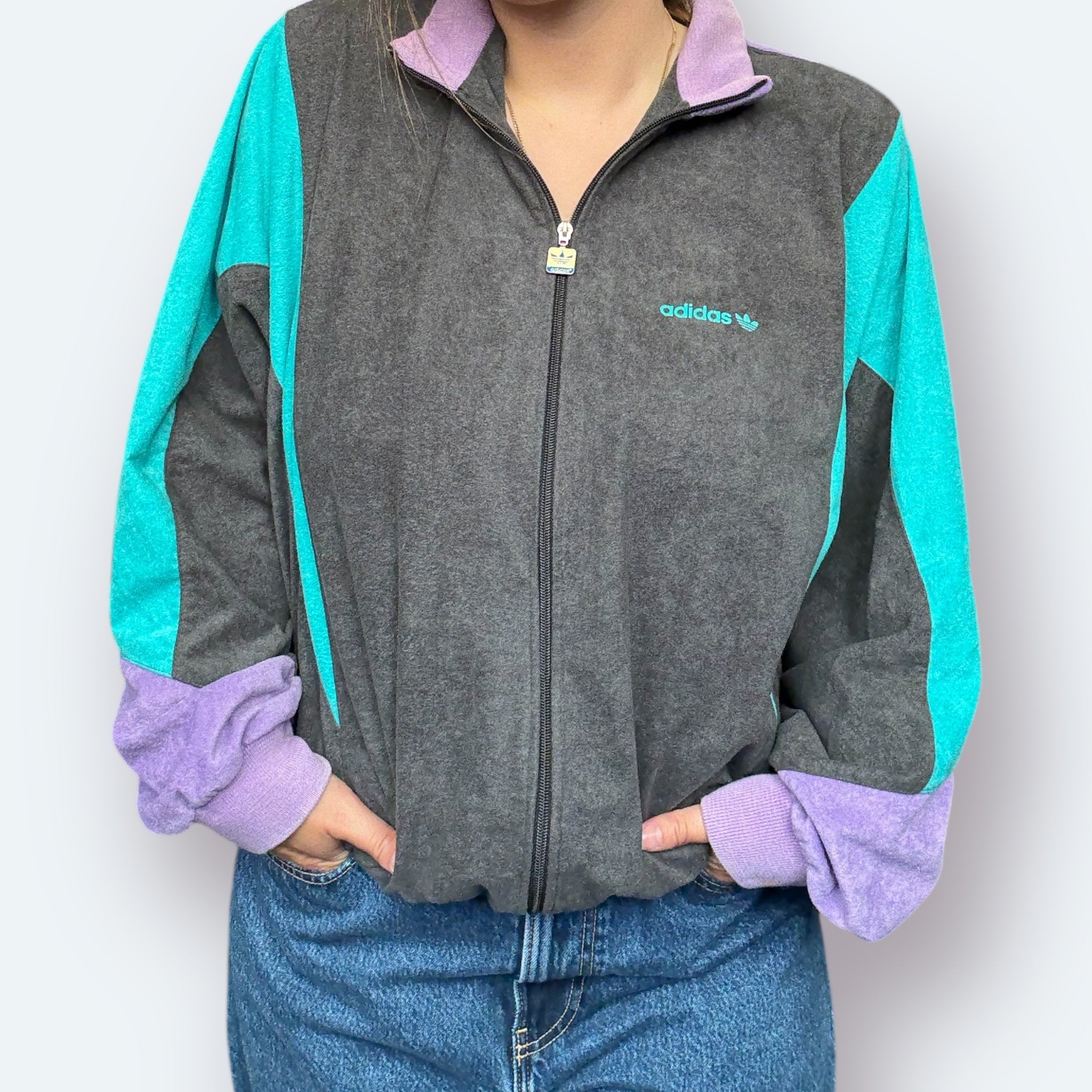 Adidas 80er Vintage Trainingsjacke Samt Schwarz Lila Türkis L - Vinverse