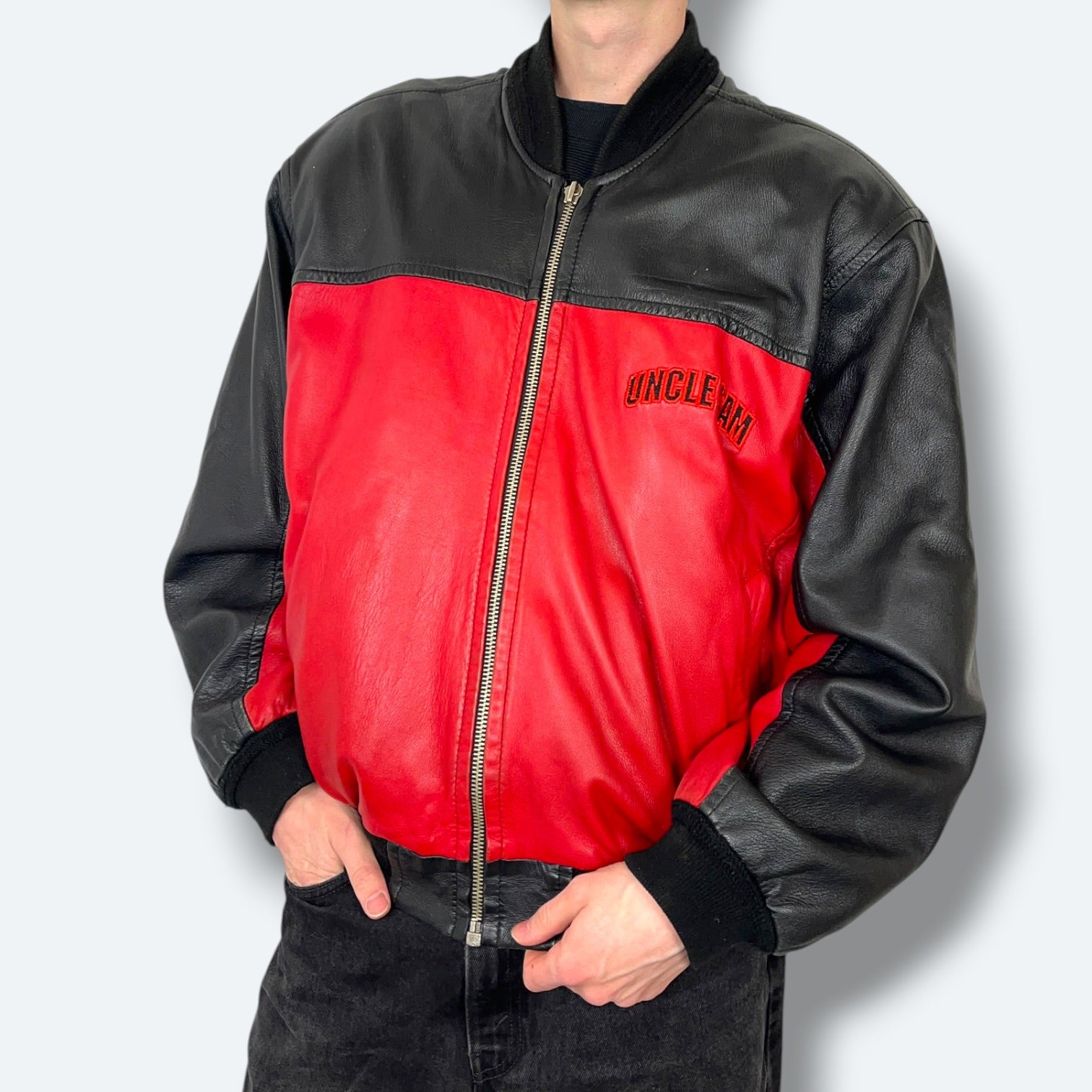 Uncle Sam Vintage Lederjacke 90s Schwarz Rot L - Vinverse