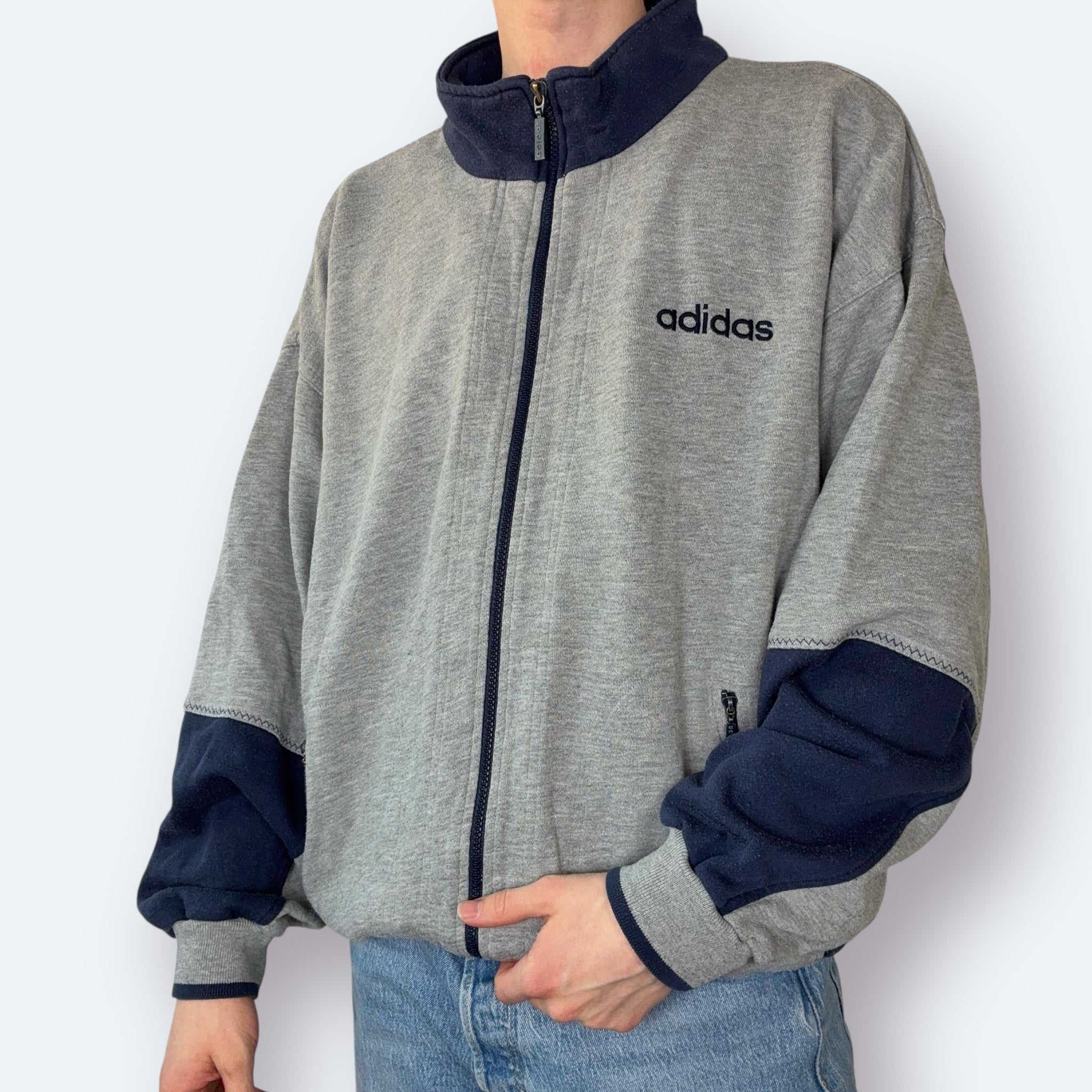 Adidas 90s Vintage Sweatjacke Grau Marineblau M - Vinverse